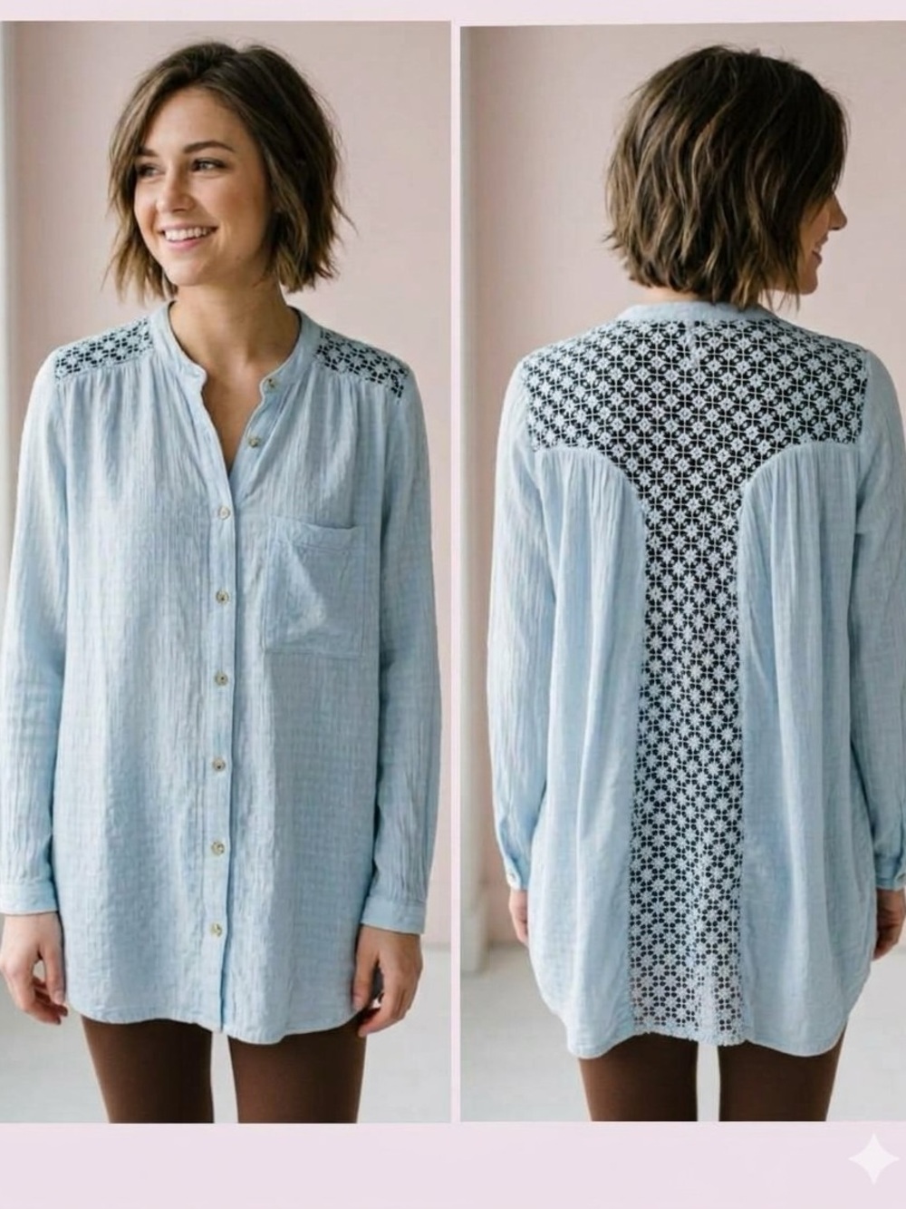 Free People White Flowy Lightweight Button Boho Top Crochet Lace Inserts Medium